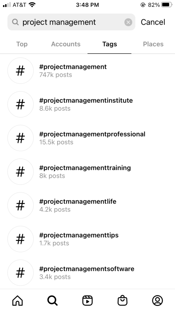 Example of project management hashtags - screenshot from Instagram