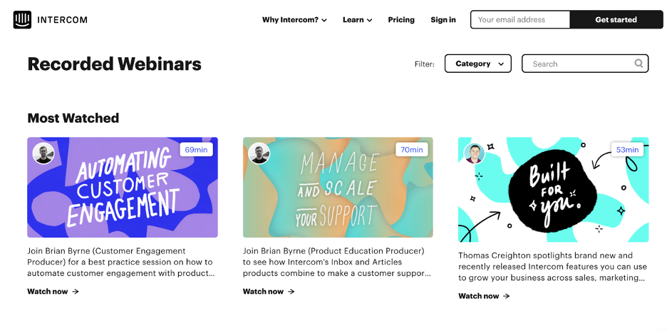 Screenshot of Intercom's webinar library