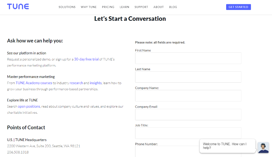 Tune's contact page