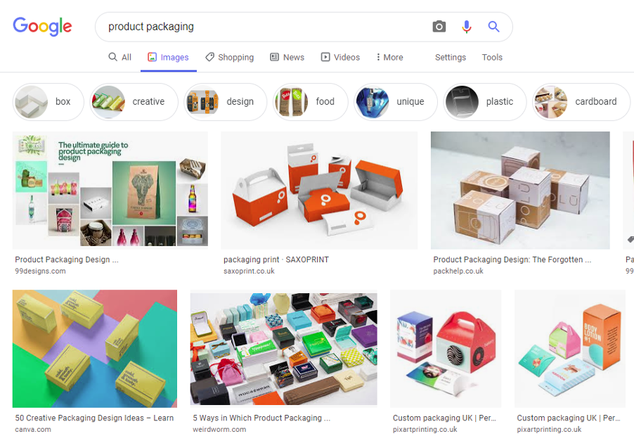 Google search result for product packaging examples