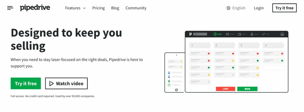 Website homepage of Pipedrive Sales Management web application