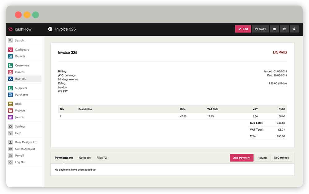 Screenshot showing Kashflow invoicing software dashboard