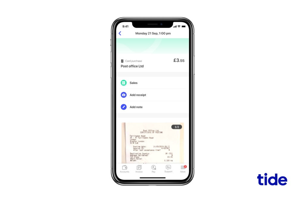 A screenshot of a mobile device showing Tide web app with receipt uploaded