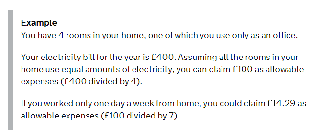 A screenshot showing a sample computation of allowable expenses for running a business at home