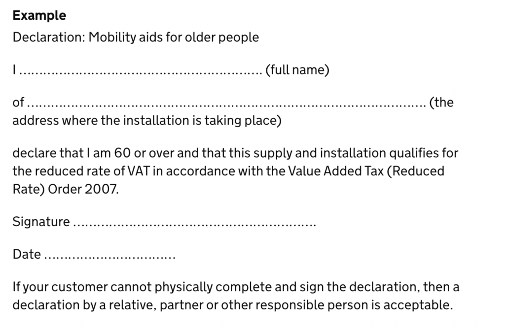 HMRC mobility aid VAT exemption declaration template