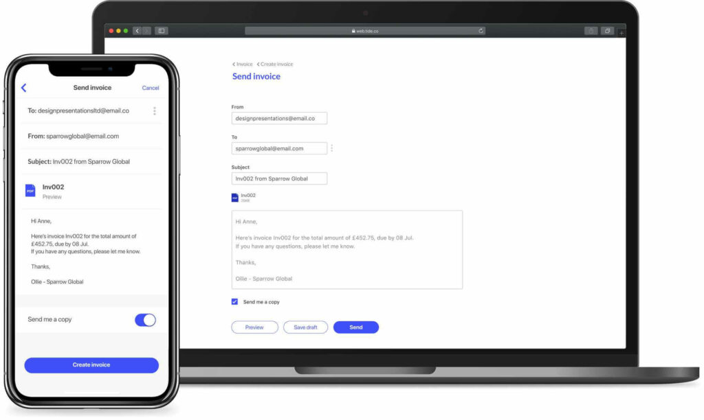 A screenshot of Tide web application Invoicing feature user interface in desktop and mobile view