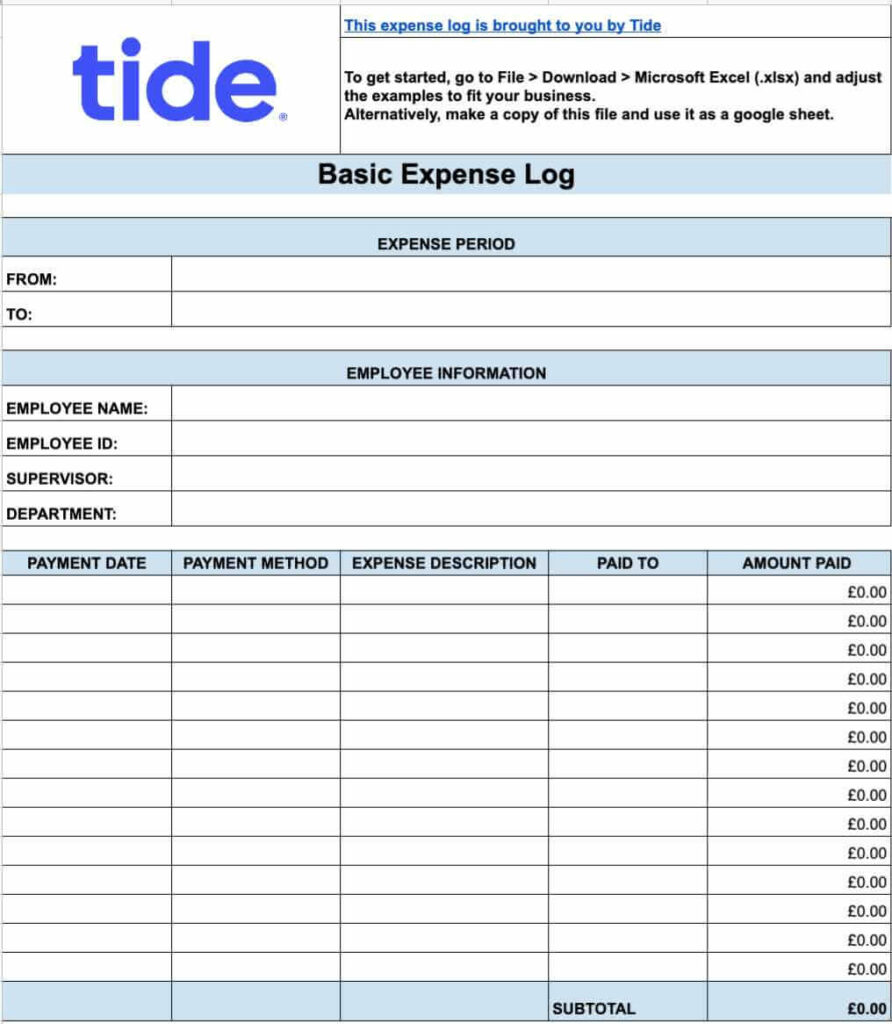 A screenshot of Tide Basic Business Expense Log template