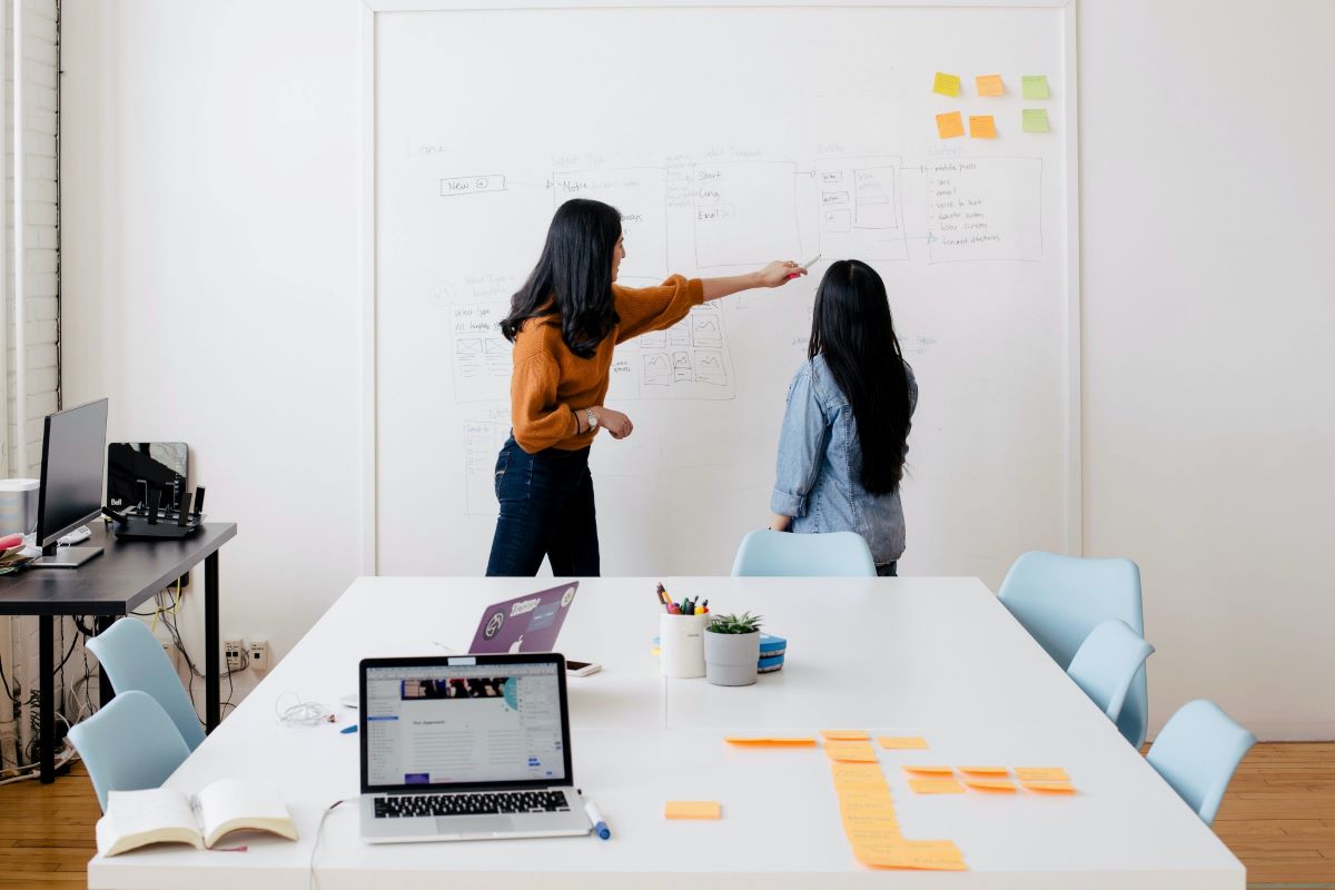 Two business owners writing on a large whiteboard